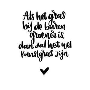 Ansichtkaart I Gras groener bij de buren, kunstgras