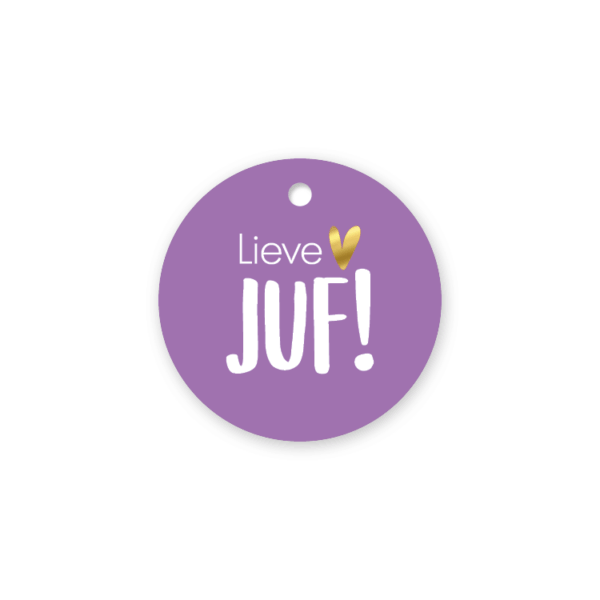 Cadeaulabel - lieve juf lila rond